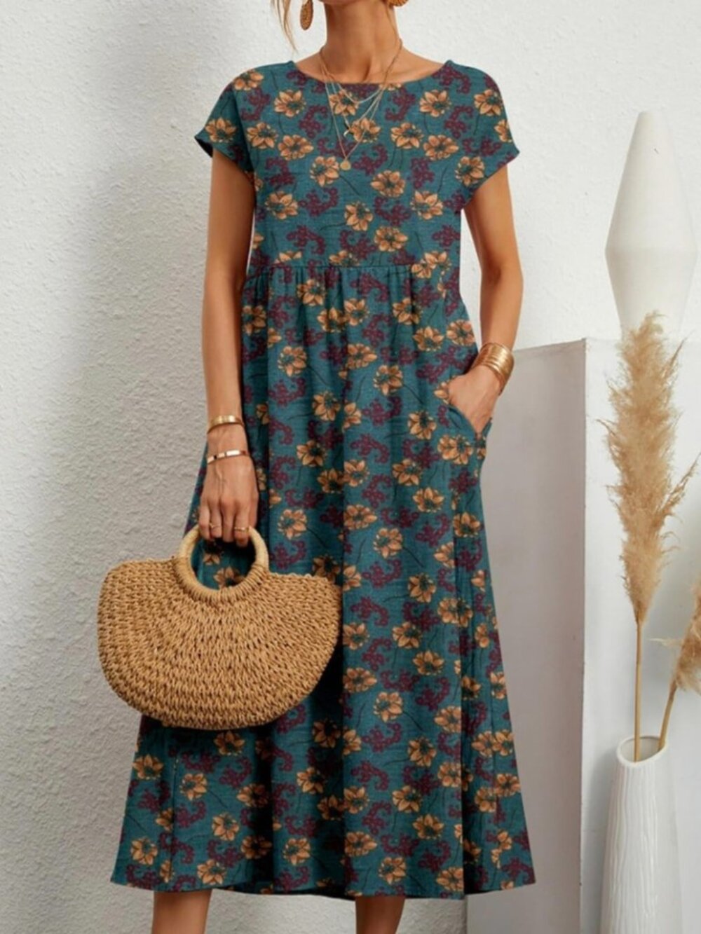 Shein Women's Floral Short Sleeve Summer Midi Dress High waist Size XL